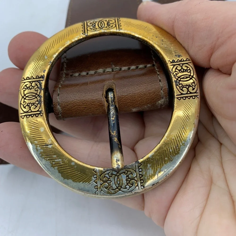 Vtg 90s Brighton Leather Belt Gold Buckle USA Large Southwestern Cowgirl Boho